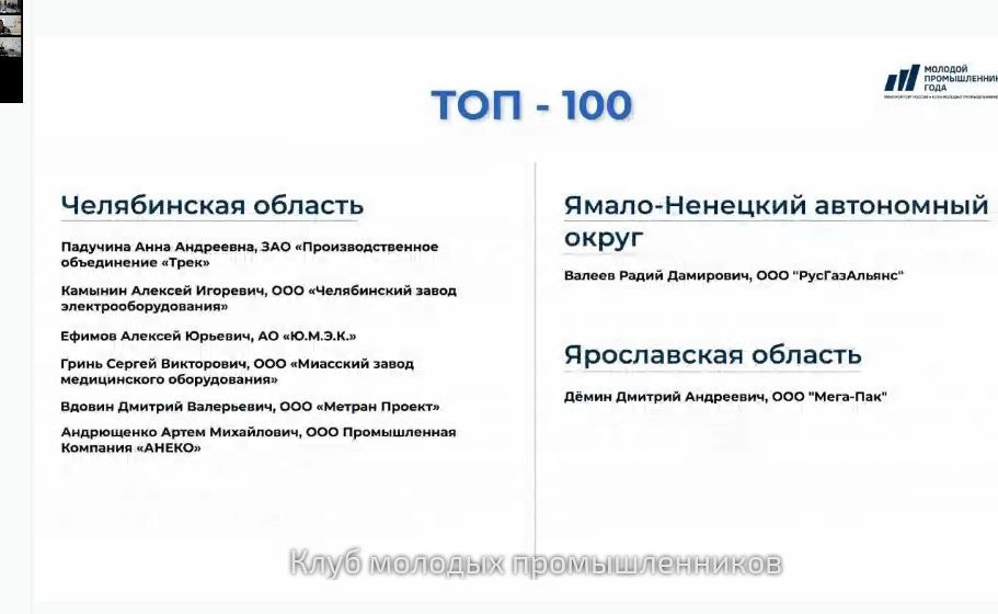 Челябинская область – в тройке лидеров по числу попавших в сотню лучших участников Премии «Молодой промышленник года»